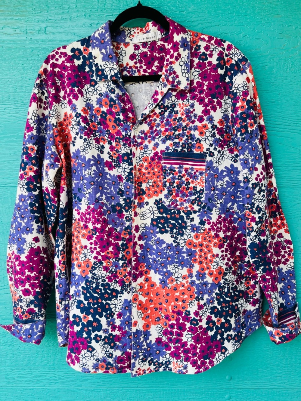 Cut Loose Linen Button Down Shirt L Made in USA Artsy Floral Cottagecore Coastal